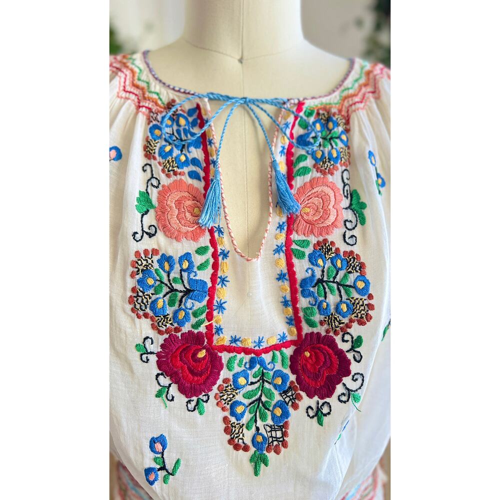 Vintage 1930s Peasant Top 30s Hungarian Floral Embroidered White Folk Blouse - Picture 7 of 10